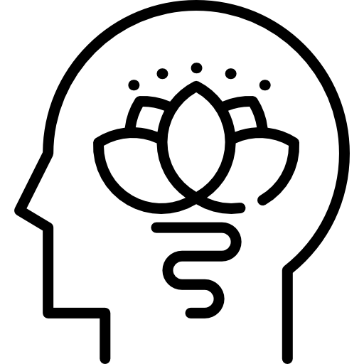 Symbolgrafik einer Seitensicht des Kopfes mit einer Lotusblüte auf Höhe des Gehirns.