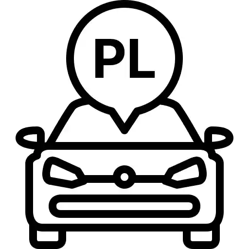 Frontansicht eines Autos mit einer Sprechblase in der PL für Polnisch steht